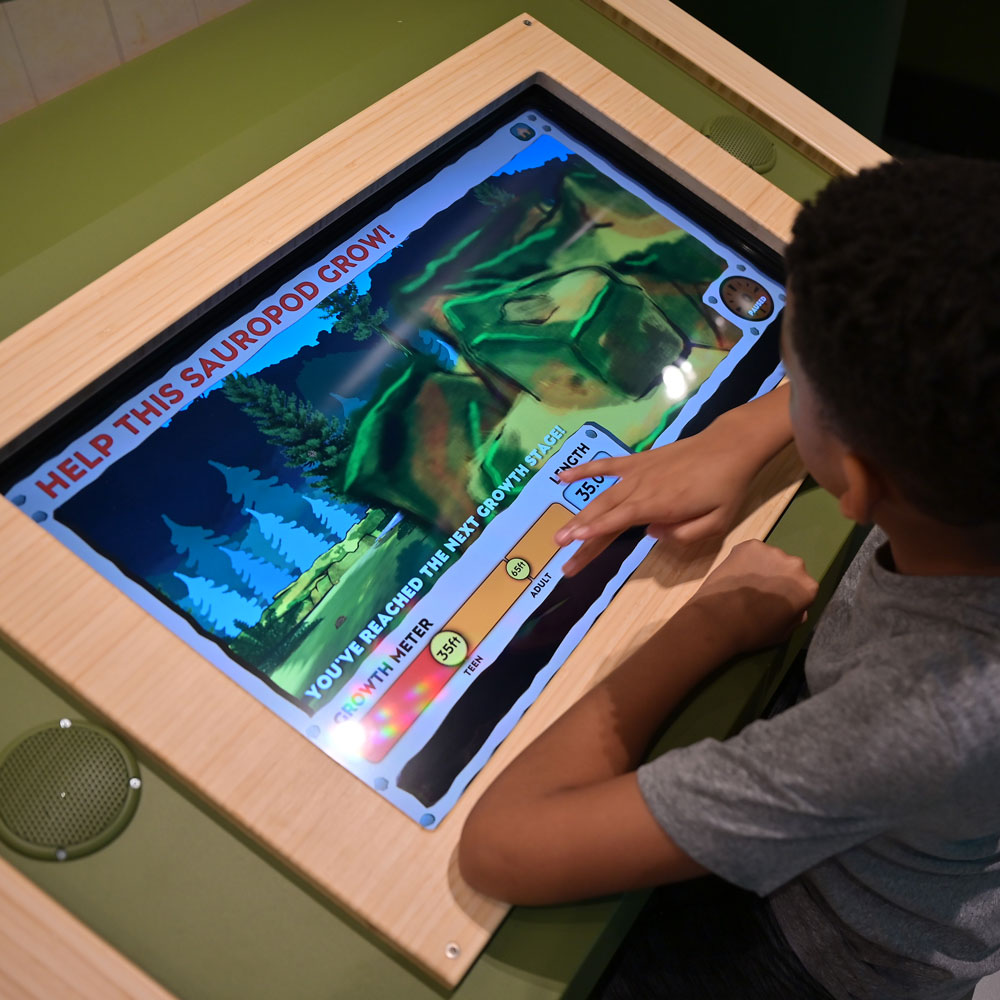 Overhead shot of child playing the touchscreen game.
